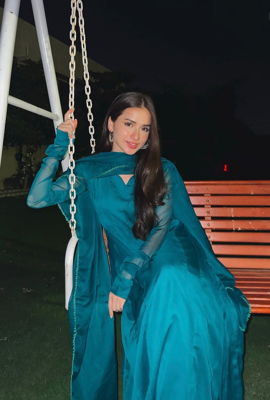 Teal blue chiffon 3-pcs stitched