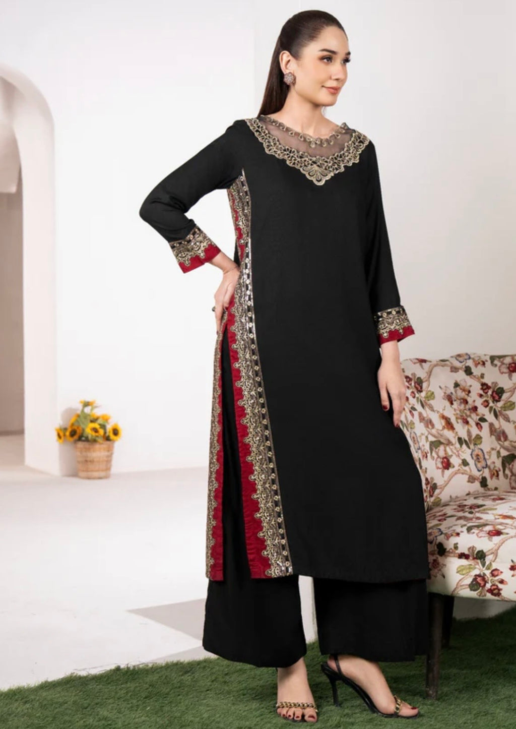 Black and maroon combination 2-pcs stitched suit